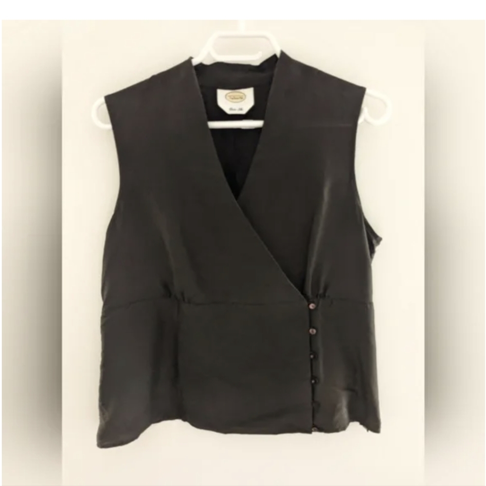 Talbots Pure Silk Brown V Neck Wrap Style Sleeveless Top Side Buttons Size L